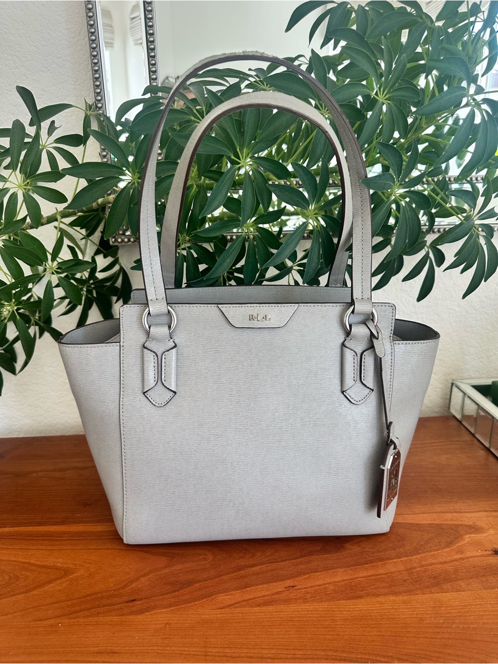 Ralph Lauren Tate Saffiano Leather Tote – Light Gray